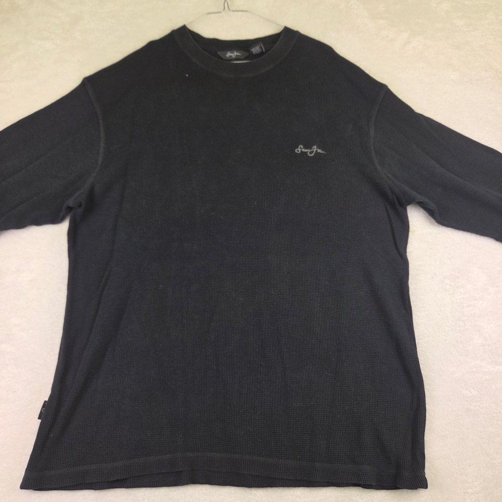 Sean John Mens XXXL Black Waffle Knit Thermal Long Sleeve Shirt Cotton Logo
